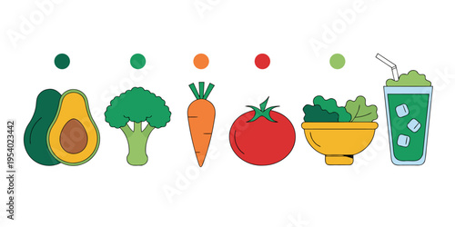 A collection of fresh organic vegetables and a healthy green smoothie on a clean white background