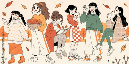 A collection of illustrated young women enjoying the cozy and warm atmosphere of the autumn season