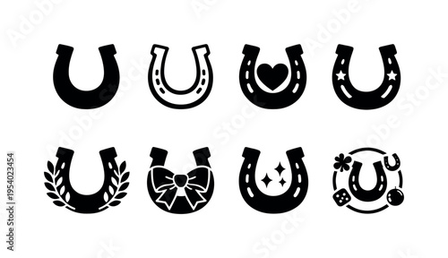 Horseshoe good luck icons: solid horseshoe, horseshoe outline, horseshoe with heart center, horseshoe with double stars, horseshoe with laurel leaves, horseshoe with ribbon bow