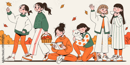 A group of friends enjoying a peaceful autumn day in a park with falling leaves and a small kitten