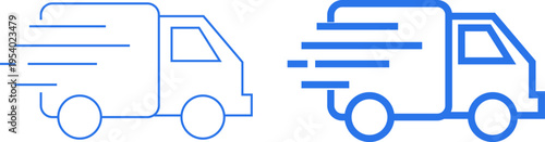 Set of two fast delivery truck icons with motion lines, vector illustration of shipping logistics concept