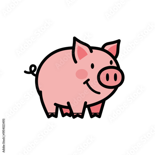 Cute cartoon pig standing with a smile on white background  