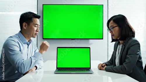 Professional business meeting setup with green screen displays for mockups