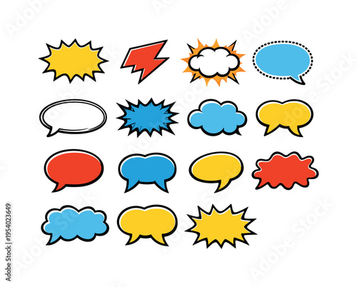 Comic dialogue bubbles: starburst speech bubble frame, lightning jagged speech bubble frame, explosive comic bubble frame, dotted outline speech bubble frame, sketch style speech