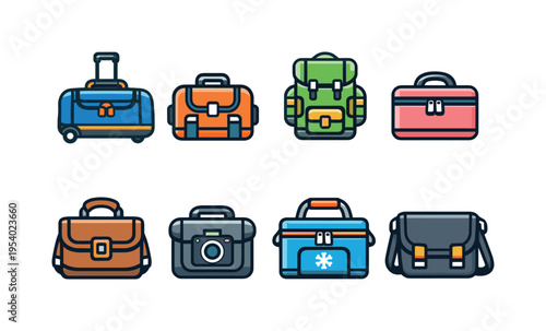 Journey transport bags: wheeled duffel bag, under seat cabin bag, hiking rucksack, cosmetic makeup case, brief travel satchel, camera bag case, insulated cooler bag, messenger