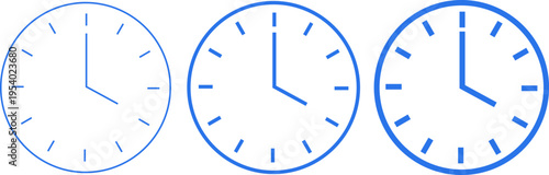 Set of three blue clock icons with different line weights showing four oclock time