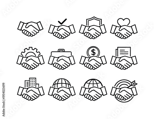 Handshake agreement partnership: handshake, two hands handshake, handshake with check mark, handshake with shield, handshake with heart, handshake with gear, handshake with