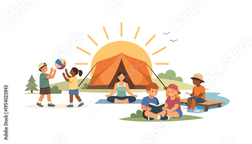 A lifestyle and recreation scene where children enjoy summer camp moments such as games and relaxation in a natural setting, highlighting balance between fun and personal