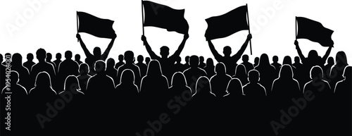 Silhouette of a crowd waving flags in protest or celebration