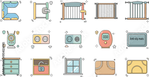 Baby Safety and Protection Equipment Vector Set with Gates Socket Covers Corner Guards Locks Thermometer and Childproof Home Elements for Nursery Design.