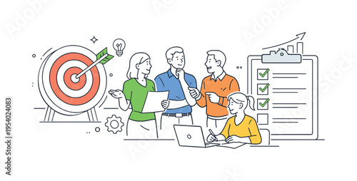A team of professionals defining and pursuing business goals in a structured work environment, aligning strategy, tasks, and progress toward measurable outcomes, symbolized by a