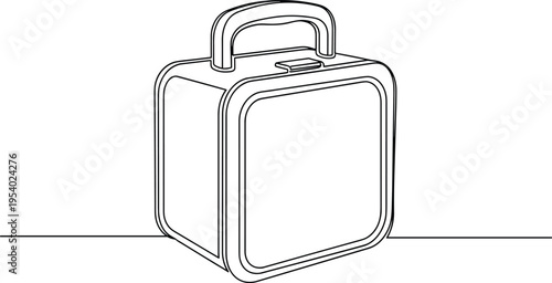 A simple black and white line drawing of a classic square shaped lunch box for school children isolated on white background