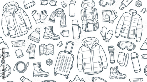 Cold weather travel essentials and winter packing concept highlighting clothing, accessories, and gear needed for safe and comfortable seasonal trips. Objects of coat, jacket,