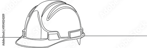 A continuous single line drawing of a protective hard hat used for safety in the construction site isolated on white background