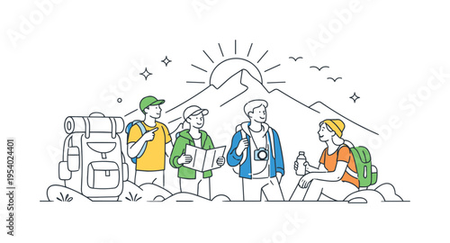 A small team hiking and exploring mountainous terrain as part of a relaxing outdoor getaway, focusing on simple travel experiences and shared moments, represented by a clear visual