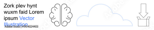 Artificial intelligence, cloud computing, data storage, file transfer, download processes, technology integration. Minimal line art showing a brain, cloud and downward arrow. AI and cloud computing