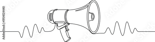 Continuous line drawing of a megaphone featuring sound waves for broadcasting important messages isolated on white background