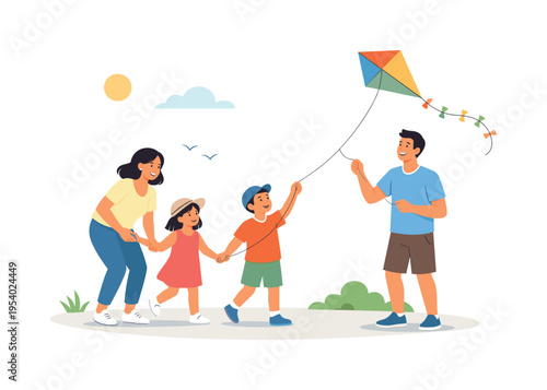 A cheerful family weekend scene where parents and children spend time together enjoying fresh air and simple outdoor activities, represented with doodle style figures of a parent