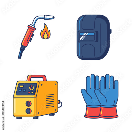 Professional Welding Equipment Set Including Welding Machine, Protective Helmet, Torch, and Safety Gloves Vector Illustration