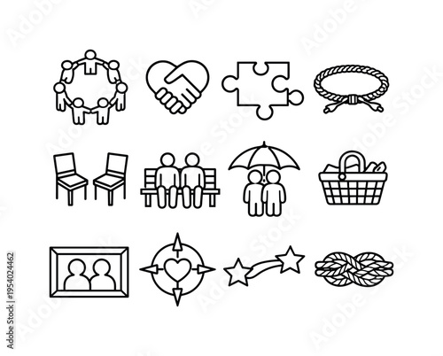 Community and friendship symbols: people circle holding hands, heart handshake, puzzle pieces joining, friendship bracelet, two chairs facing each other, park bench with two people