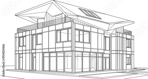 Modern luxury house with angular roof architectural wireframe sketch contemporary building exterior technical line art design concept