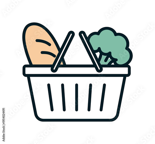 Household grocery planning and purchasing essential food items for daily meals, a simple shopping basket containing a loaf of bread and a vegetable symbolizing fresh ingredients