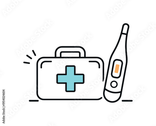 Hospital care and everyday medical support in organized healthcare systems, a thermometer placed next to a simple first aid kit symbolizing monitoring, treatment readiness, and