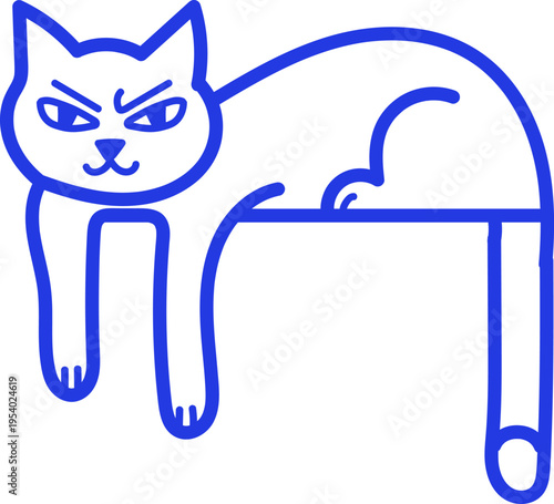 A blue line drawing of an annoyed cat on a chair
