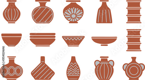 A collection of various terracotta clay pottery vessels featuring decorative geometric patterns