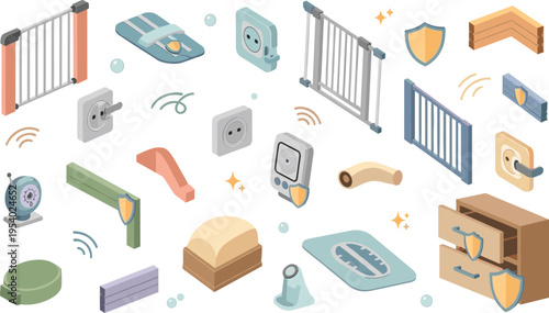 Baby Safety Equipment Vector Set with Gates Socket Covers Corner Guards Locks and Childproof Home Protection Elements for Childcare Design Illustration.