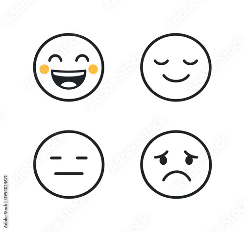 Customer feedback and satisfaction reactions used in digital platforms to represent user sentiment and experience evaluation, presented as four clean icons including a very happy