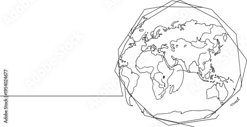 A minimalist single line drawing of the world map enclosed in a geometric polygon shape outline isolated on white background