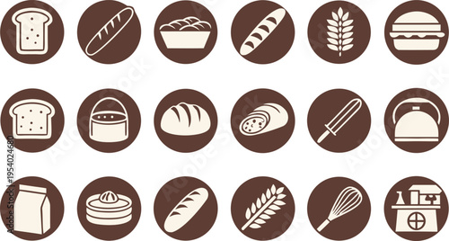 Set of eighteen round icons featuring various bakery products and essential kitchen baking tools