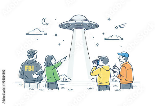 Mystery investigation scene where a group of people observes a strange light beam descending from a hovering unidentified flying object above an open field at night, a classic