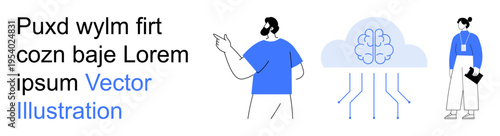 Artificial intelligence, cloud computing, neural networks, data analysis, teamwork, technology concepts. Man gesturing next to digital brain, woman with clipboard. AI and cloud computing concepts