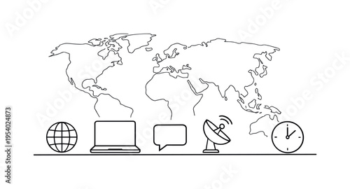 Global communication and digital connectivity enabling collaboration across countries and time zones in a modern online environment, a simplified world map outline, a laptop, a