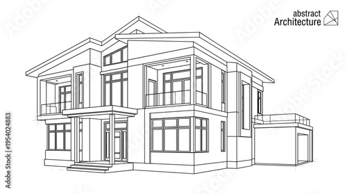 Modern luxury villa architectural wireframe sketch contemporary two story house exterior technical line art building design concept