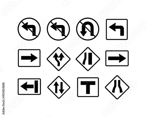 Traffic regulation signs set: no left turn sign, no right turn sign, no u turn sign, turn left arrow sign, turn right arrow sign, merge lanes sign, lane ends sign, keep right sign