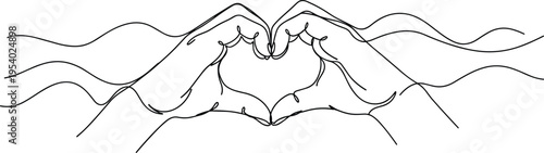 A minimalist single line drawing of two human hands forming a heart shape on a white background isolated on white background