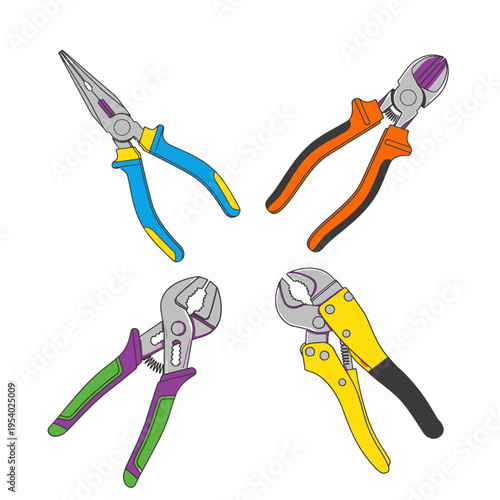 Set of Professional Hand Tools Collection with Colorful Handles Including Pliers and Cutters for Construction and Repair