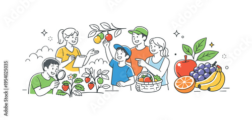 A healthy lifestyle education scenario where people organize and observe fruit plants as part of learning about nutrition, agriculture, and natural food cultivation, visual