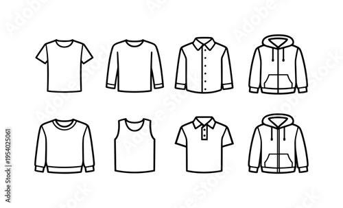 Casual clothing garments: short sleeve t shirt, long sleeve shirt, button up shirt, hoodie sweatshirt, crew neck sweater, sleeveless tank top, polo shirt, zip hoodie