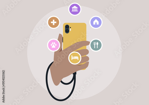 A hand holds a smartphone showcasing a colorful pop-up menu featuring icons for activities like dining, healthcare, and lodging, suggesting practical choices for everyday life.