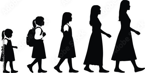 Silhouette of a girl growing up in stages