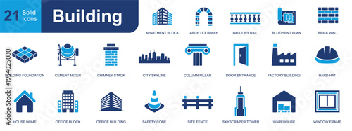 Building icon set. Containing apartment block, arch doorway, brick wall, chimney, skyline, hard hat, house, office, warehouse, window and more. Solid fill vector icons for architecture.