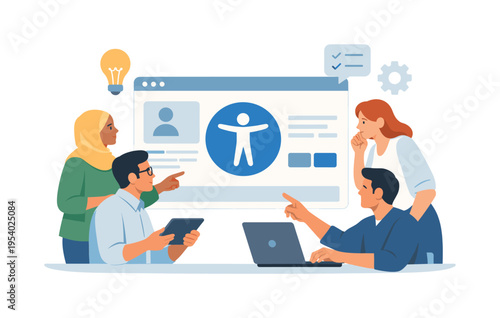 A product design team collaborating to create inclusive digital experiences that accommodate diverse user needs, carefully reviewing layouts and interactions to ensure usability
