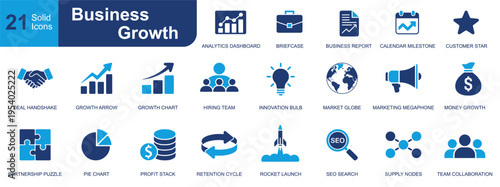 Business growth icon set. Containing analytics, briefcase, report, milestone, handshake, chart, team, idea, market, profit, SEO, launch and more. Solid fill vector icons collection.
