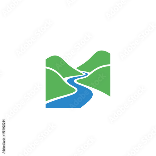 a blue river flowing through green hills.