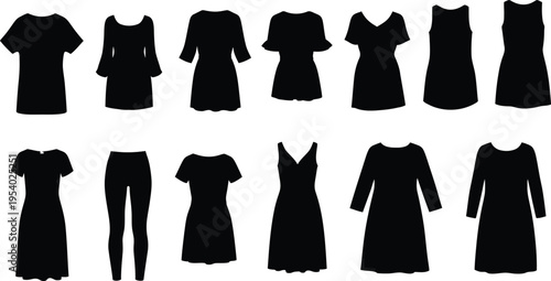 Silhouette of various women's clothing items displayed