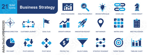 Business strategy icon set. Containing analytics, search, brainstorm, chain, chess, journey, flag, growth, rocket, matrix, funnel, roadmap and more. Solid fill vector icons collection.